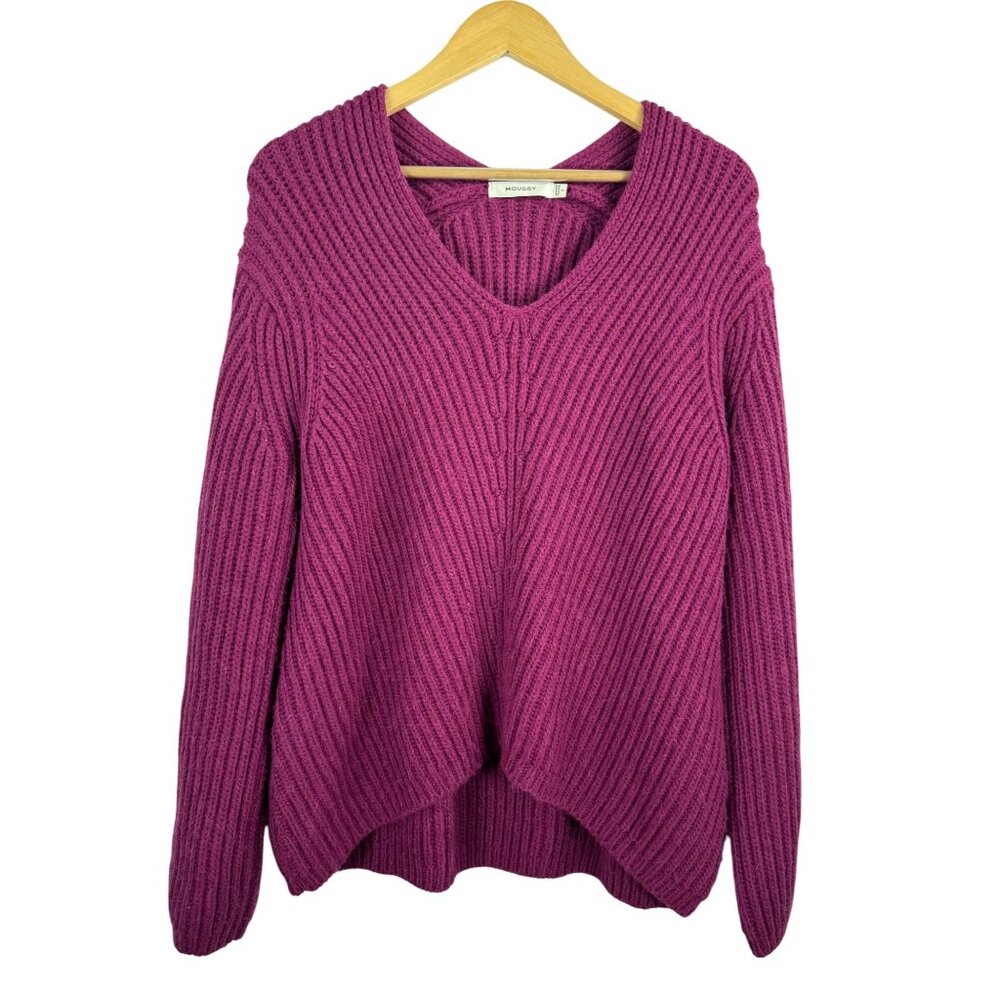 Moussy Wool alpaca blend‎ relaxed cable knit V neck sweater 90s Fuchsia sz F